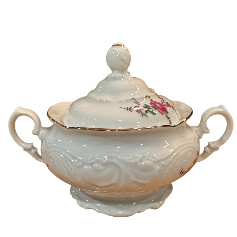 Wawel Vintage Porcelain Floral Sugar Bowl with Lid Gold Trim Pink Roses Embossed